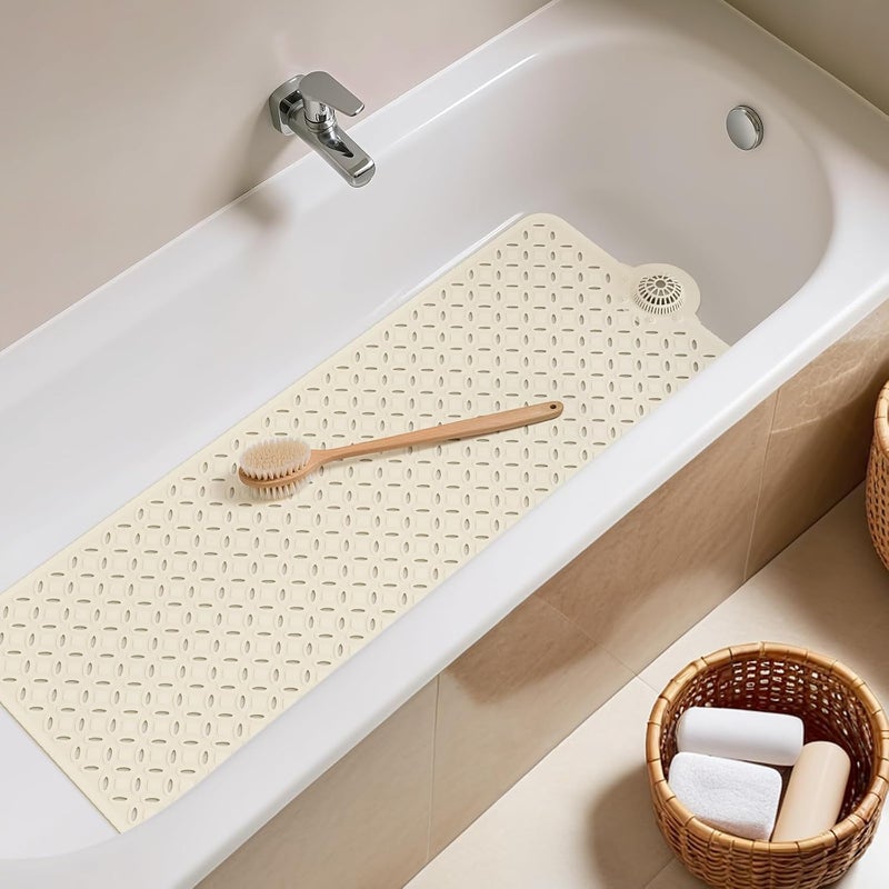 OTHWAY Bath Mat for Tub Non Slip: 39" X 17" Long Bathtub Mat with Hair Catcher│Big Drain Holes Shower Mats for Inside Shower│Machine Washable (Beige) - Image 2